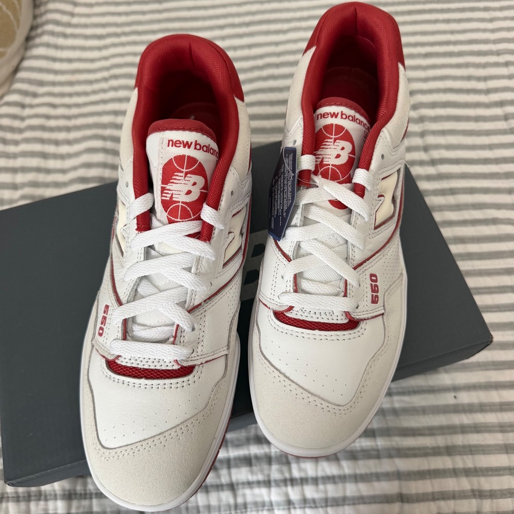 New Balance 550 White Red Leather Sneakers BB550STF Mens 9 Womens 10.5